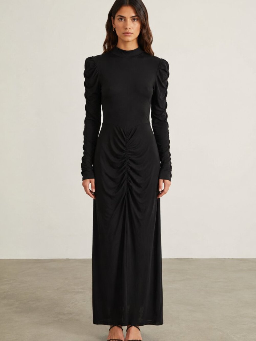 Walter Baker Black Ruched Long Sleeve Mock Neck Maxi Dress Size S